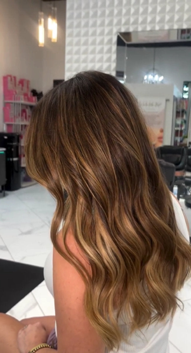 Caramel balayage with soft waves at Hello Beautiful Signature Salon, Missouri City TX
